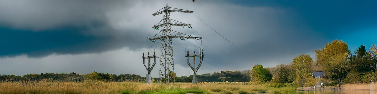 Hoogspanningsmast onder een donkere lucht